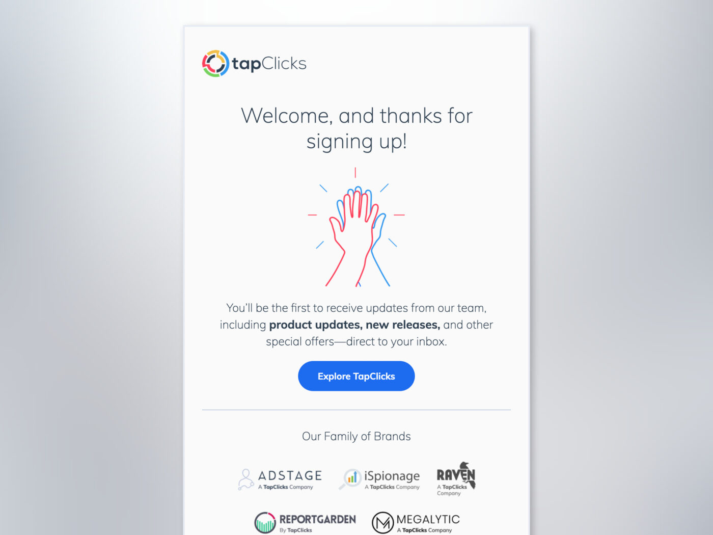 TapClicks Newsletter Sign Up "Thank You" Email